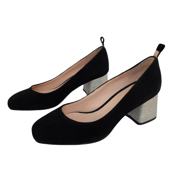 J. Crew | Black Suede Silver Glitter Block Heel - Picture 1 of 16